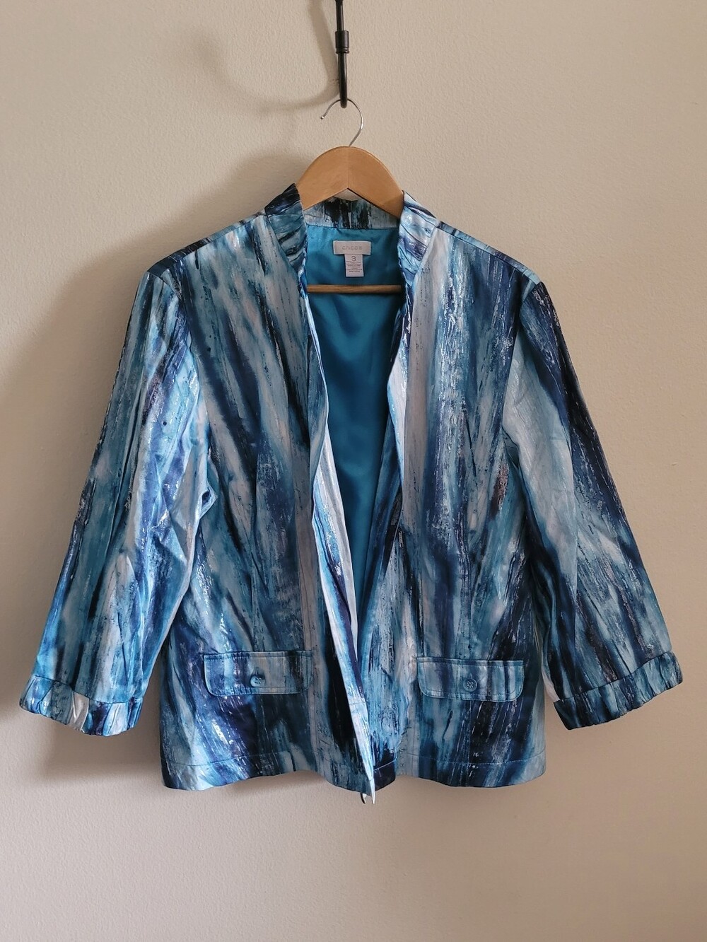 Chico's Watercolor Silky Open Blazer, Women's XL, Teal Watercolor Metallic